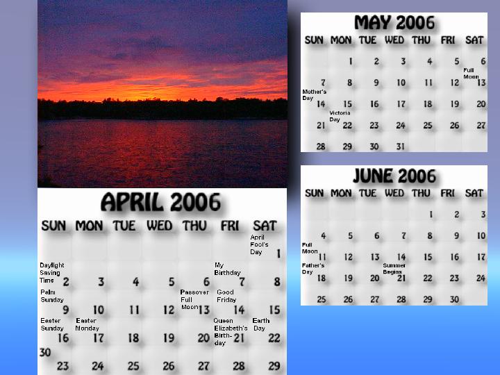 Apr, May, June 2006 calendar. Sunset over McCrae Lake northwest of McCrae Island.
