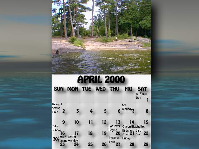 April 2000 calendar. Sandy Point beach.