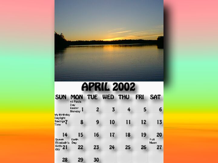 April 2002 calendar. Sunset over Pikes Bay.