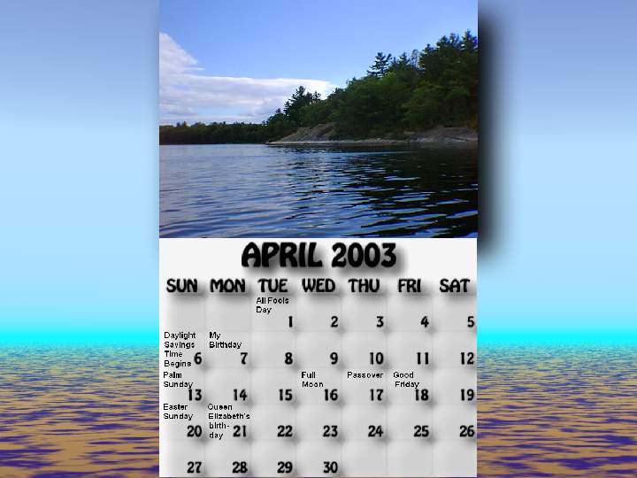 April 2003 calendar. More shoreline south of Sandy Point.