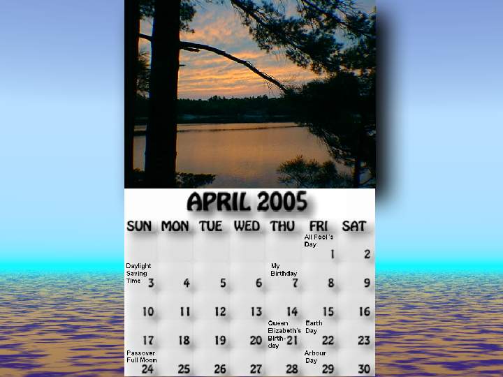 March 2005 calendar. Evening at the north part of McCrae Island.