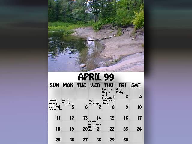 April 1999 calendar. The beach at the end of the rapids portage.