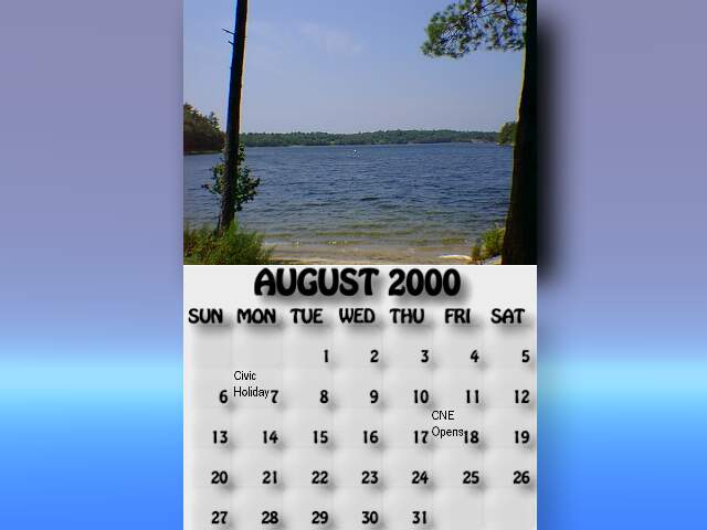 August 2000 calendar. Look out from Sandy Point and see Pikes Bay.