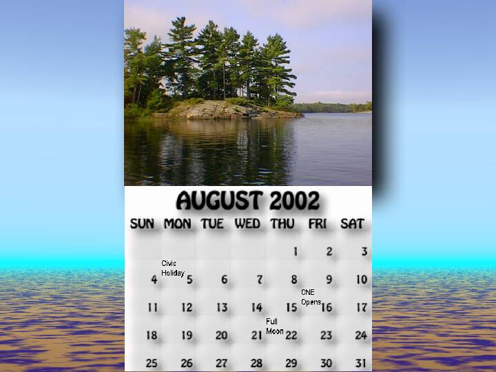 August 2002 calendar. The northwestern point of McCrae Island.