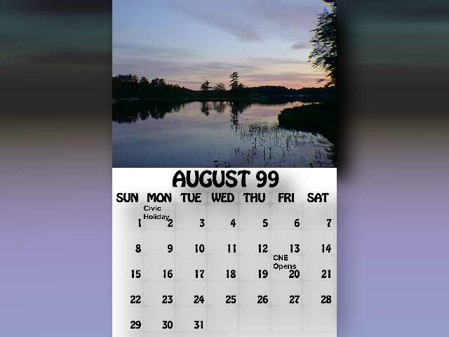 August 1999 calendar. All is quiet on the McCrae Lake frontier.