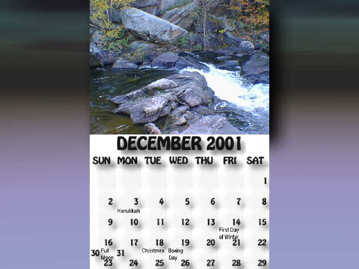 December 2001 calendar. The tap never gets turned off at the rapids.