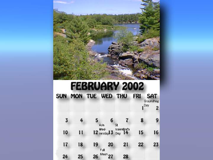 February 2002 calendar. The rapids with McDonald Lake in the background.