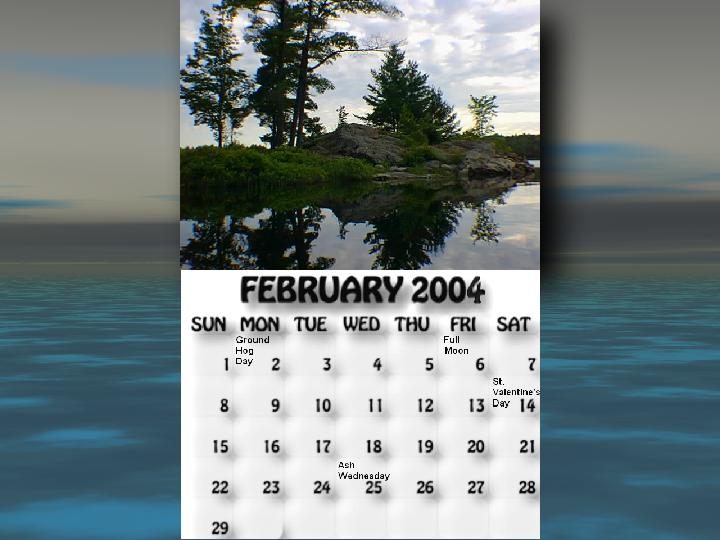 February 2004 calendar. Pikes Bay island by morning.