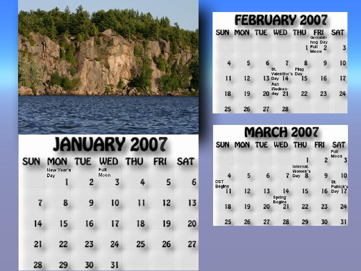 Jan, Feb, March 2007 calendar. Another picture of Crows Cliff.