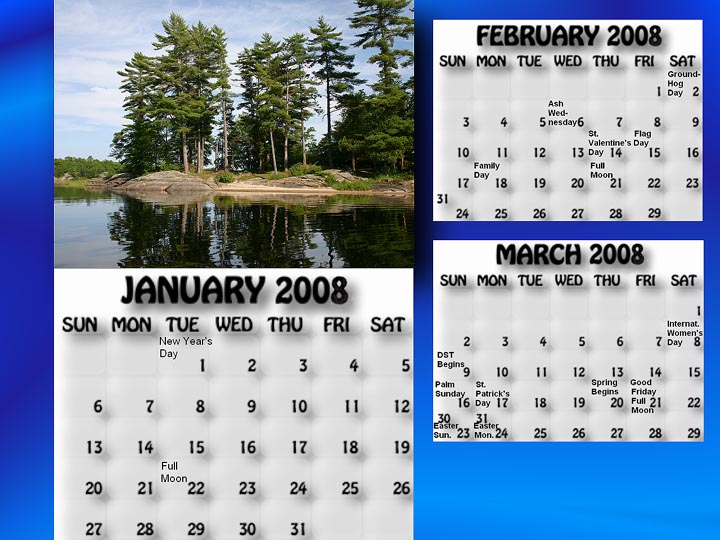 January, February, March 2008 calendar. Sandy Point viewed from west side.