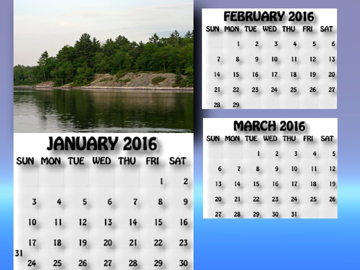 January, February, March 2016 calendar
