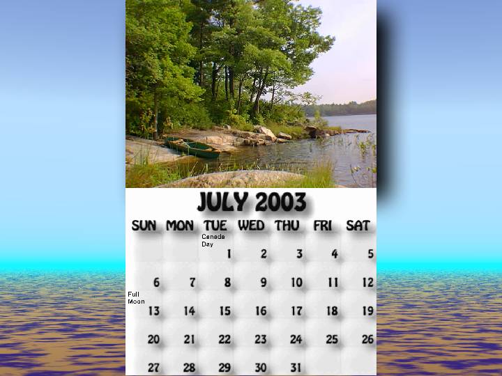 July 2003 calendar. Shoreline corner northeast of McCrae Island.