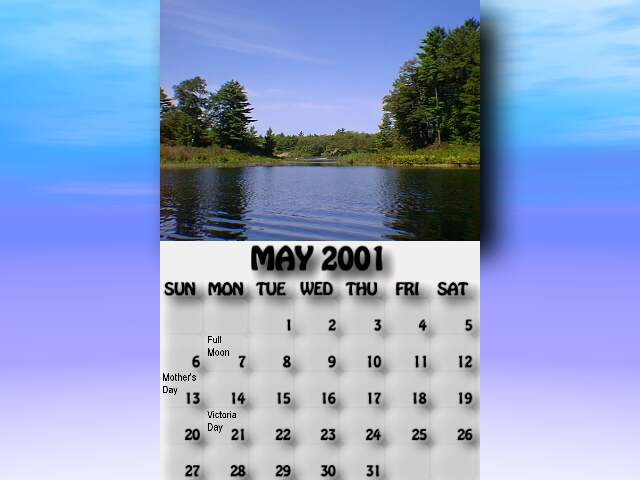 May 2001 calendar. The opening between the trees in the middle of McDonald Lake.