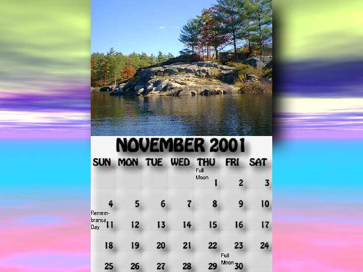 November 2001 calendar. Rock outcropping east of the highway.