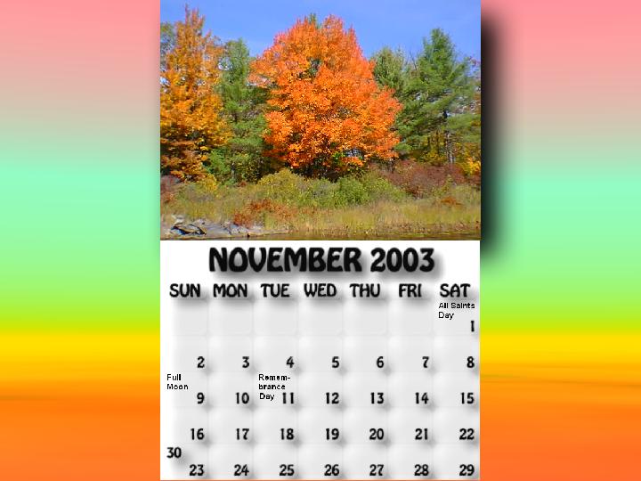 November 2003 calendar. Autumn colours seen at McCrae Lake near McDonald River end.