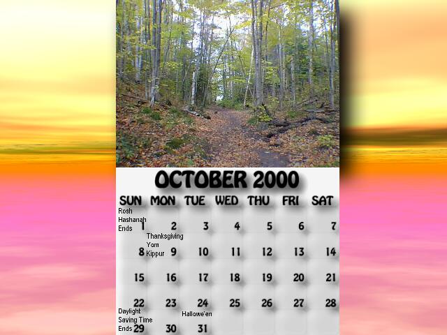October 2000 calendar. The leaves need raking on the portage trail.