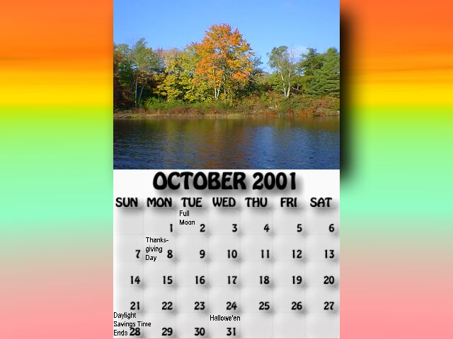 October 2001 calendar. Tree leaves change to autumn colours next to McDonald Lake.