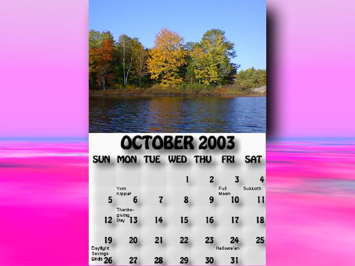 October 2003 calendar. Autumn colours beside McDonald Lake.