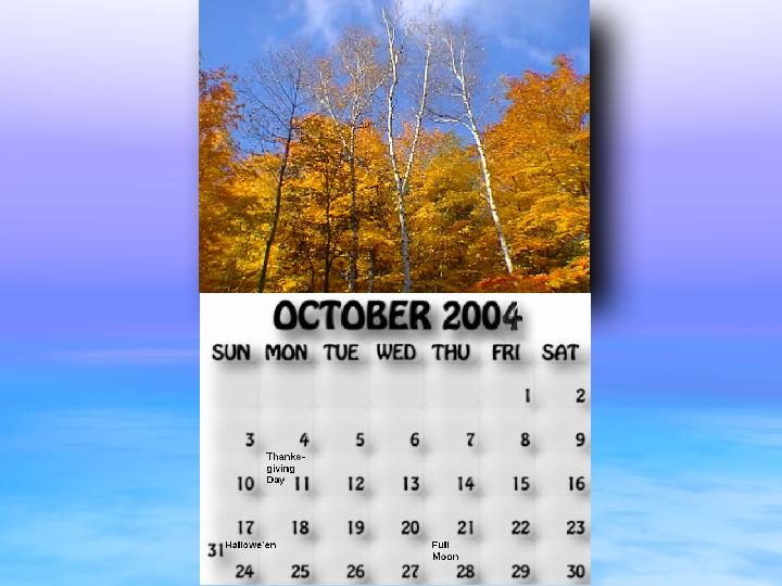 October 2004 calendar. Autumn colours above the portage trail near McDonald Lake.