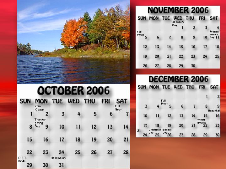 Oct, Nov, Dec 2006 calendar. Autumn colours where McDonald River empties into McCrae Lake.