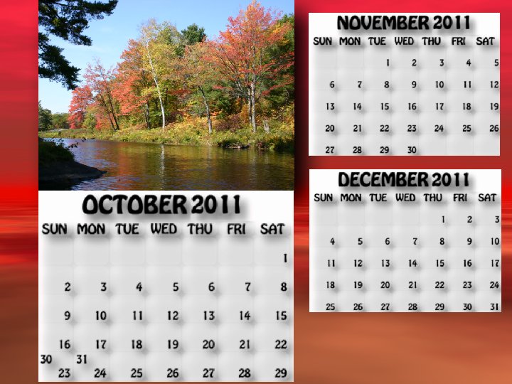 October, November, December 2011 calendar fall scene