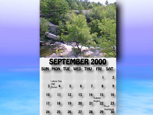 Sept 2000 calendar. A maple tree grows next to the rapids.