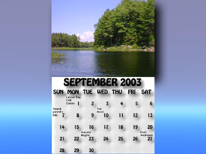 September 2003 calendar. McDonald Lake shoreline near the beaver dam.